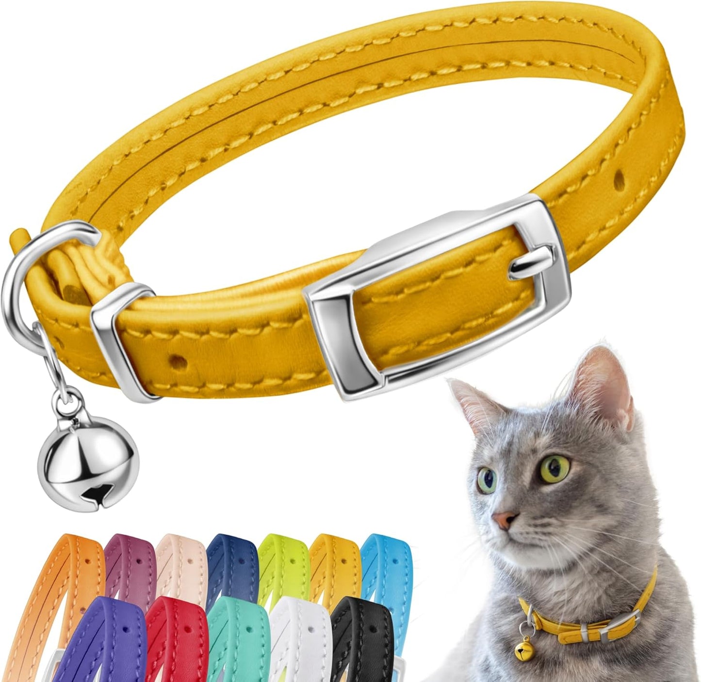 Leather Cat Collar with Removable Bell – Safety Elastic Strap (Breakaway Alternative) – Kitten Collar for Small & Big Boy & Girl Cats