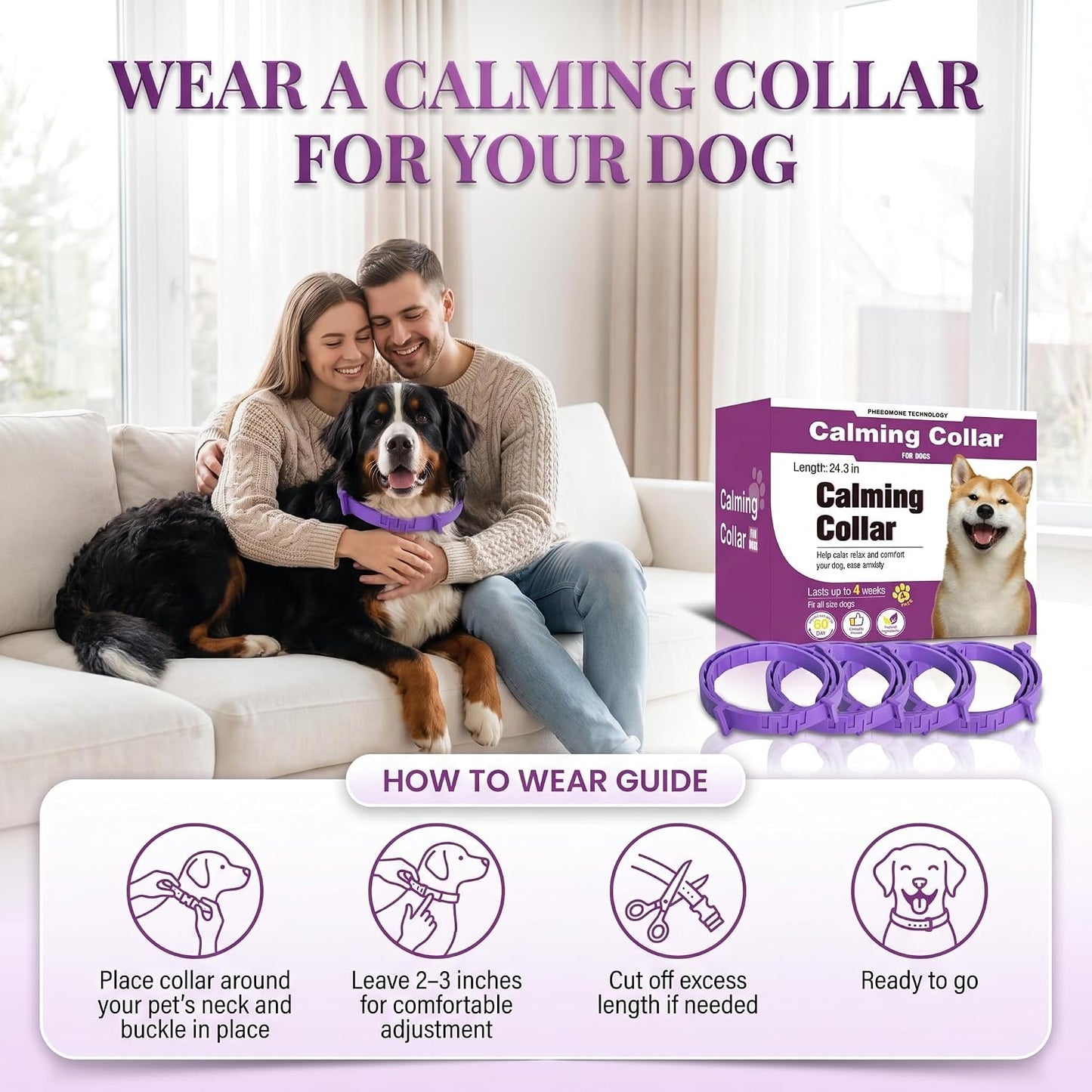 4 Pack Calming Collars for Dogs - Adjustable Silicone for 60 Days of Pheromone Anxiety Relief and Separation Support