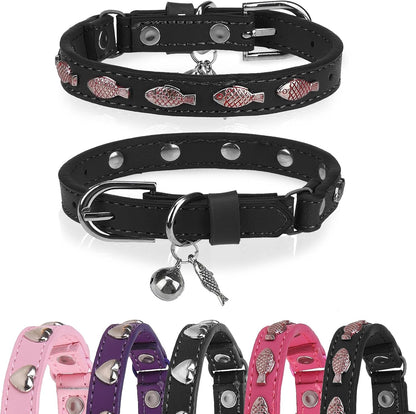 Leather Cat Collars for Boy Girl Cats with Bell and Safety Elastic Belt, Personalized Love and Fish Stud Adjustable Safe Buckle Collar for Kitty Small Big Cats Size 8-11 Inch, Black