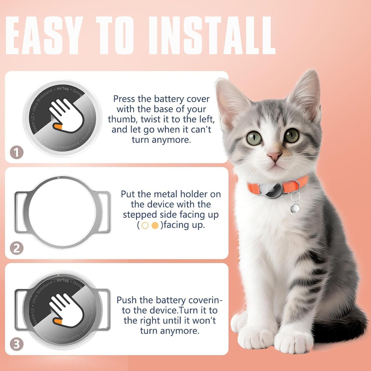 Airtag Cat Collar, Ultra Elastic Cat Tracker Collar, Airtag Holder Compatible with Apple Air Tag, [Lightweight & Scratch Resistant] Adjustable Stepless GPS Pet Collar for Cats Kittens, Orange