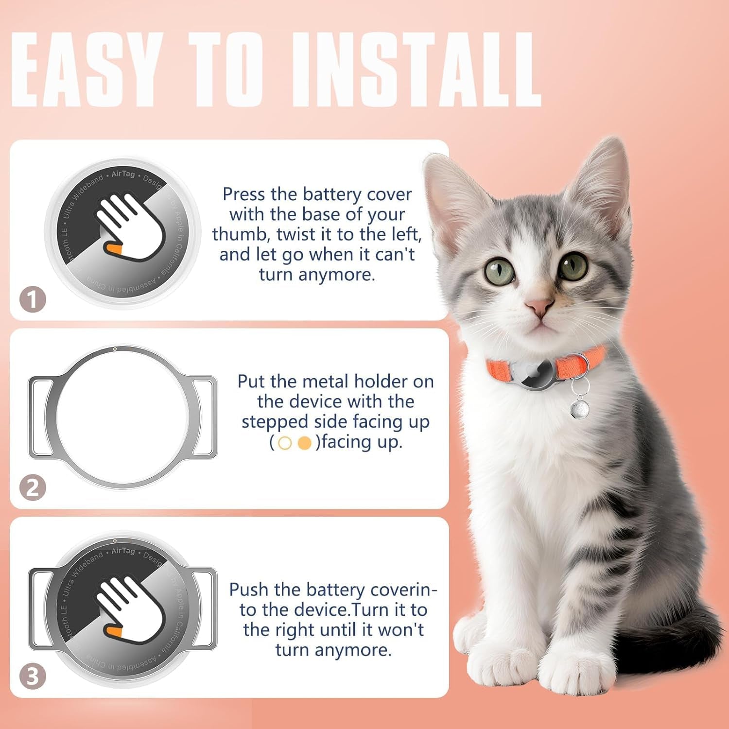 Airtag Cat Collar, Ultra Elastic Cat Tracker Collar, Airtag Holder Compatible with Apple Air Tag, [Lightweight & Scratch Resistant] Adjustable Stepless GPS Pet Collar for Cats Kittens, Orange