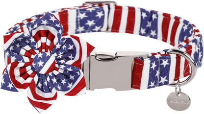 Patriotic Dog Collar with Bow Tie - 4th of July Comfortable Cotton American Flag Design for Large Dogs, Stylish Metal Buckle