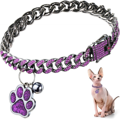 Cat Collar Diamond Chain Glitter Collar Walking Metal with Secure Buckle Cat Pet Necklace with Paw Charm and ID Tag Bell Link Cuban Jewelry Accessories Gift(8 Inch,Rose Gold, Pink)