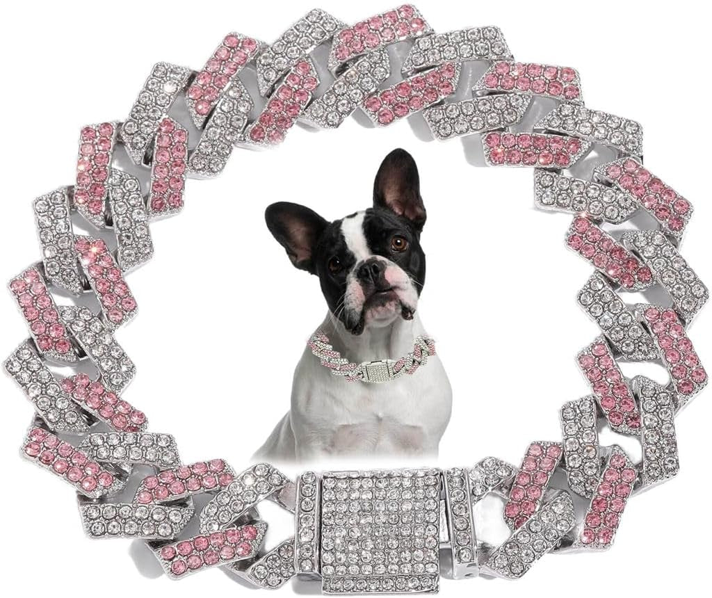 Blue Dog Chain Collar, Bling Diamond Cuban Link Puppy Collar Glitter Rhinestone Cat Collars for Small Medium Large Pet Dogs, 8-Inch