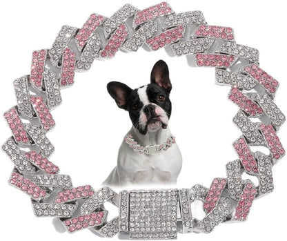 Blue Dog Chain Collar, Bling Diamond Cuban Link Puppy Collar Glitter Rhinestone Cat Collars for Small Medium Large Pet Dogs, 8-Inch