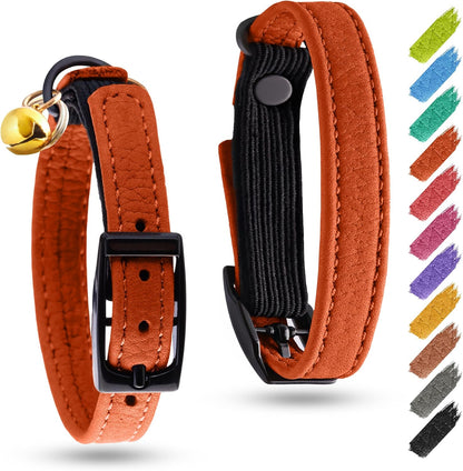 Leather Cat Collar with Bell and Safety Elastic Strap Breakaway Alternative for Small & Large Kittens, Stylish Pet Leather Collar for Boy, Girl Cats with Metal Buckle & QR ID Tag (Green)