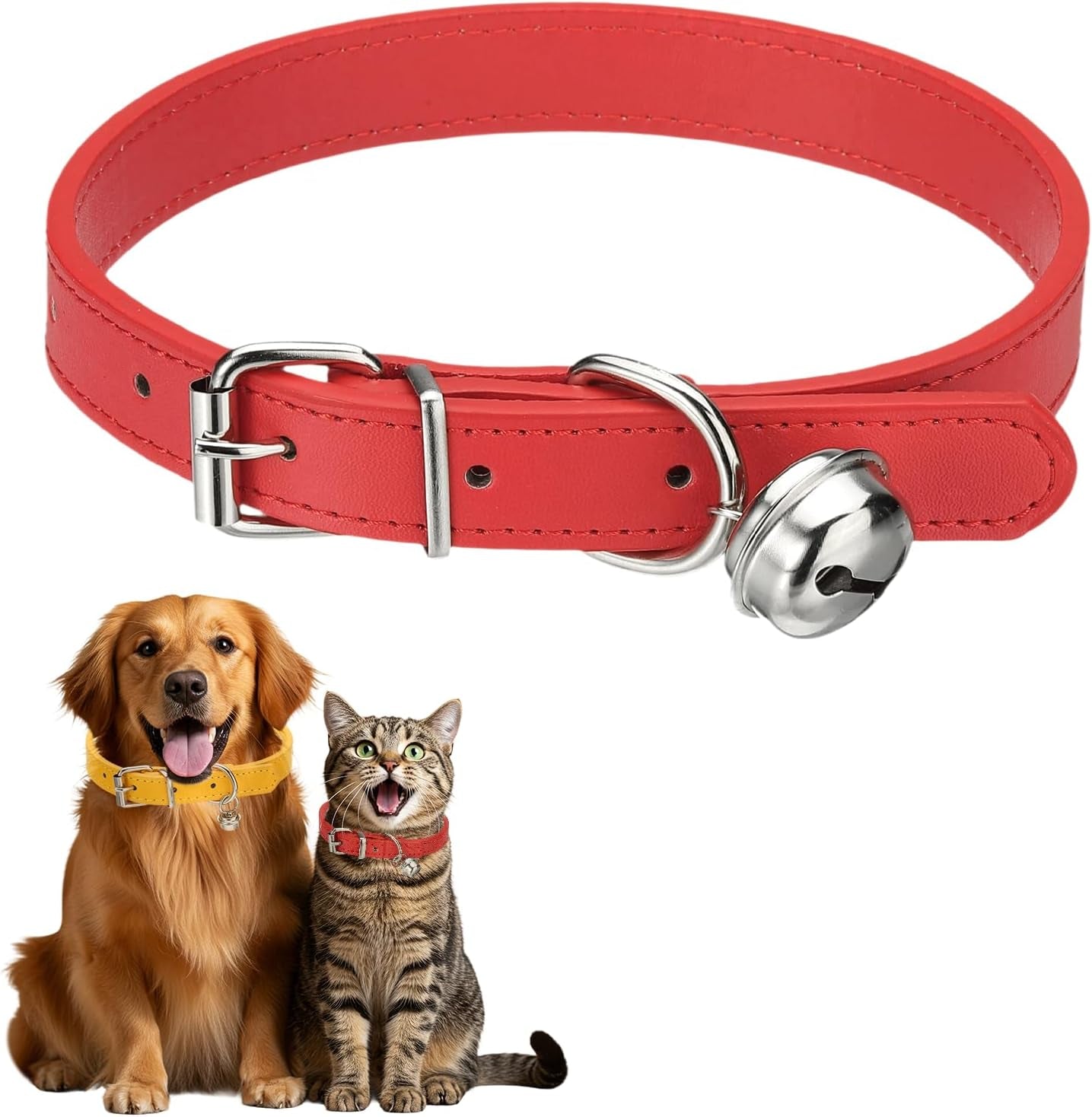 Dog Collar with Bell, Pu Leather Cat Collars Pet Basic Soft Padded Adjustable Buckle, 14.5" (Blue, 1 Pcs), Intended for Teacup/Little Dog/Kitten Cats/Small Animals