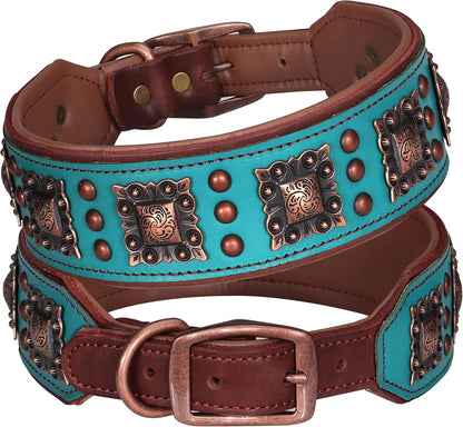 Soft Padded Leather Dog Collar, 2 Inch Wide Genuine Leather Dog Collars with Stylish Studded Rivet & Metal Buckle, Luxury & Adjustable Pet Collars for Medium Dogs,Green,Neck 16-19"