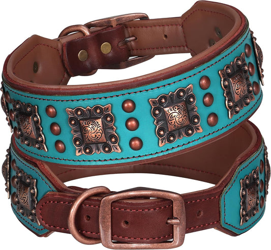 Soft Padded Leather Dog Collar, 2 Inch Wide Genuine Leather Dog Collars with Stylish Studded Rivet & Metal Buckle, Luxury & Adjustable Pet Collars for Medium Dogs,Green,Neck 16-19"
