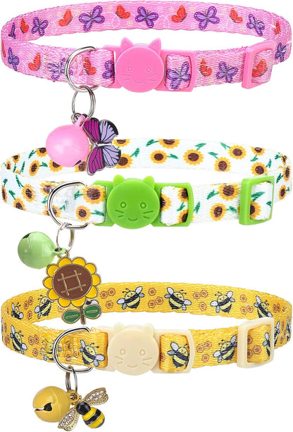Breakaway Cat Collars with Bell & Cute Pendants, 3 Pack Safety Buckle Kitten Collars, Adjustable Pet Collar Ideal for Girl Boy Cats Puppy (Fruit Pattern)