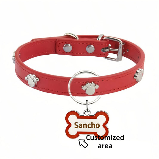 Customized Leather Dog Collar with Bone-Shaped Pet Tag, Double-Sided Engraved Pet Name and Phone, Metal Decoration Anti-Lost Foo