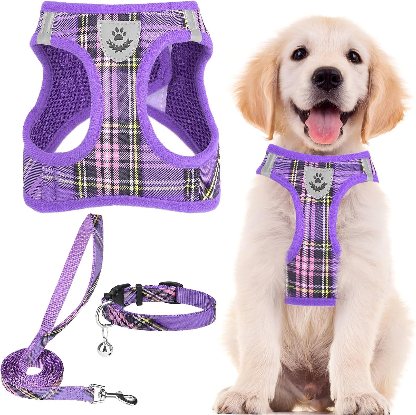 Adjustable Pet Harness Collar &Leash Set Step in for Small Dogs Puppy &Cats Outdoor Training &Running, Soft Mesh Padded Reflective Vest Harness,M: Chest Girth: 16-18In Collar: 11.8-15.7In