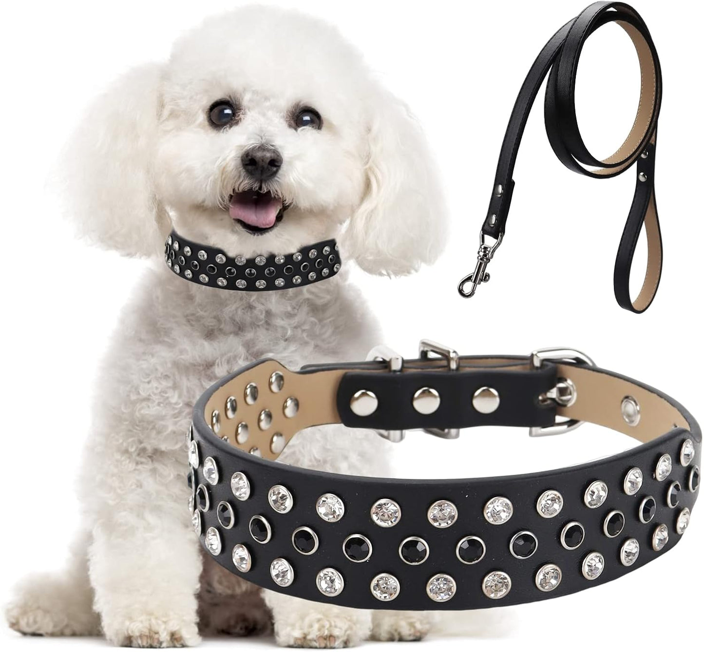 Rhinestone Dog Collar, Bling Diamond Pet Collars with Leash Adjustable, Dazzling Sparkly Crystal Studded Microfiber Leather Spiked Puppy Collar Cute for Small and Medium Large Girl Dogs Cats