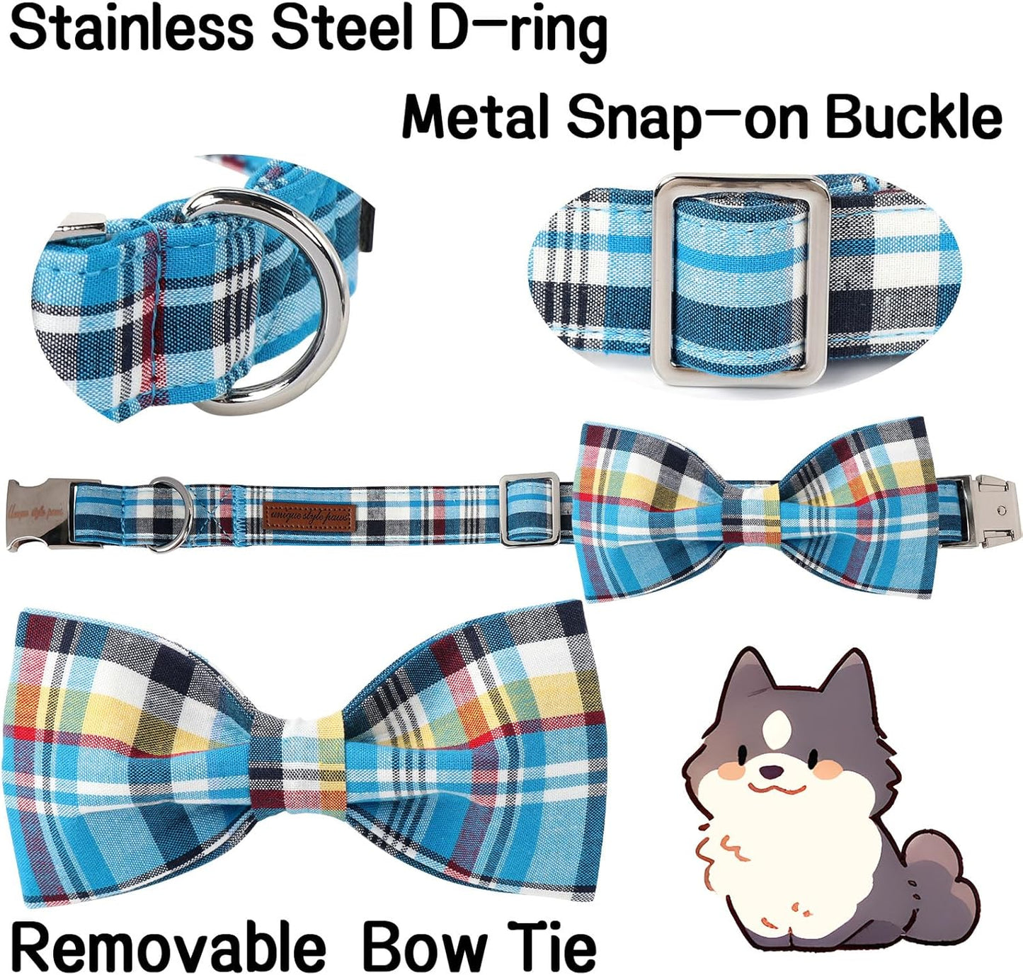 Plaid Dog Collar with Bow Pet Gift Adjustable Soft and Comfy Bowtie Collars for Small Medium Large Dogs