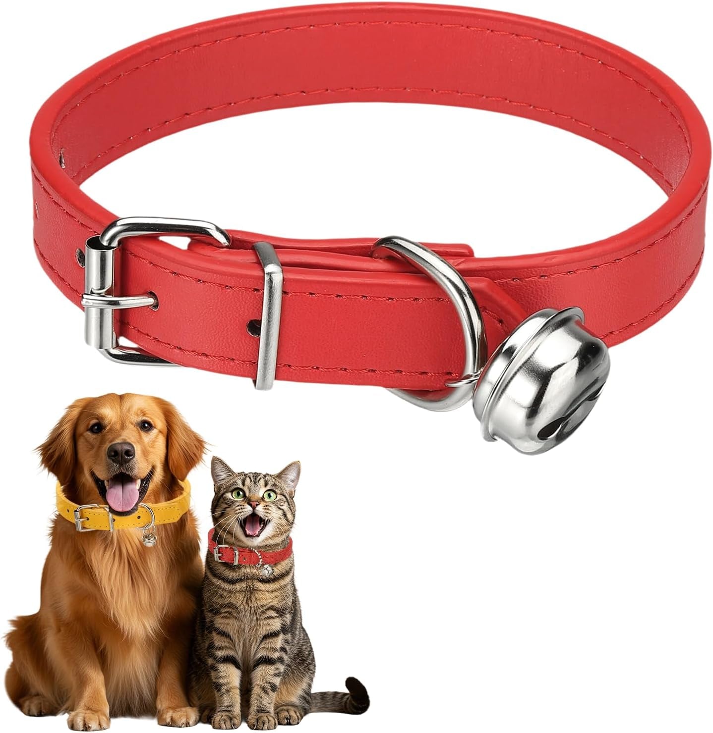Dog Collar with Bell, Pu Leather Cat Collars Pet Basic Soft Padded Adjustable Buckle, 14.5" (Blue, 1 Pcs), Intended for Teacup/Little Dog/Kitten Cats/Small Animals