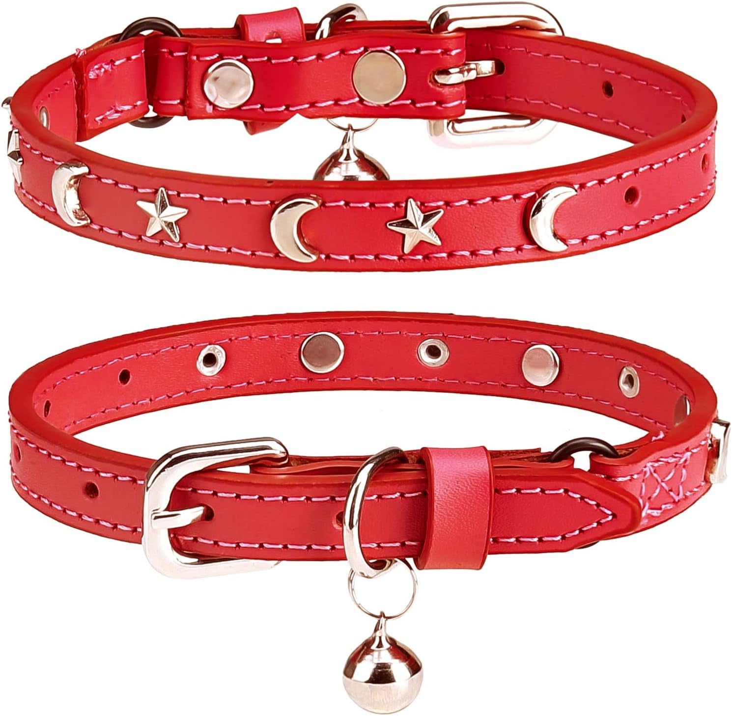 Leather Cat Collars for Boy Girl Cats with Bell and Safety Elastic Belt, Personalized Star and Moon Stud Adjustable Safe Buckle Collar for Kitty Small Big Cats Size 7-9 Inch, Black