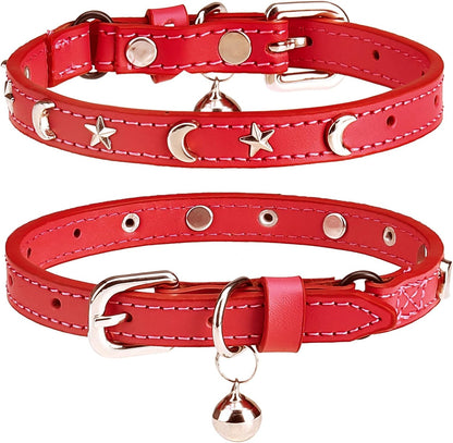 Leather Cat Collars for Boy Girl Cats with Bell and Safety Elastic Belt, Personalized Star and Moon Stud Adjustable Safe Buckle Collar for Kitty Small Big Cats Size 7-9 Inch, Black