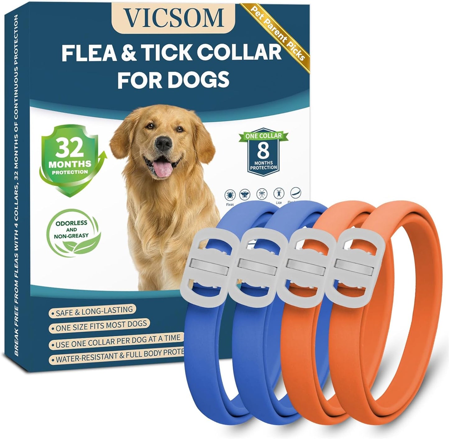 Ultimate Dog Flea and Tick Prevention Collar - 4 Pack, Waterproof & Adjustable for Dogs and Puppies, 32-Month Protection in Blue & Orange