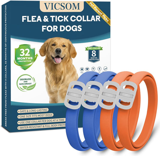 Ultimate Dog Flea and Tick Prevention Collar - 4 Pack, Waterproof & Adjustable for Dogs and Puppies, 32-Month Protection in Blue & Orange