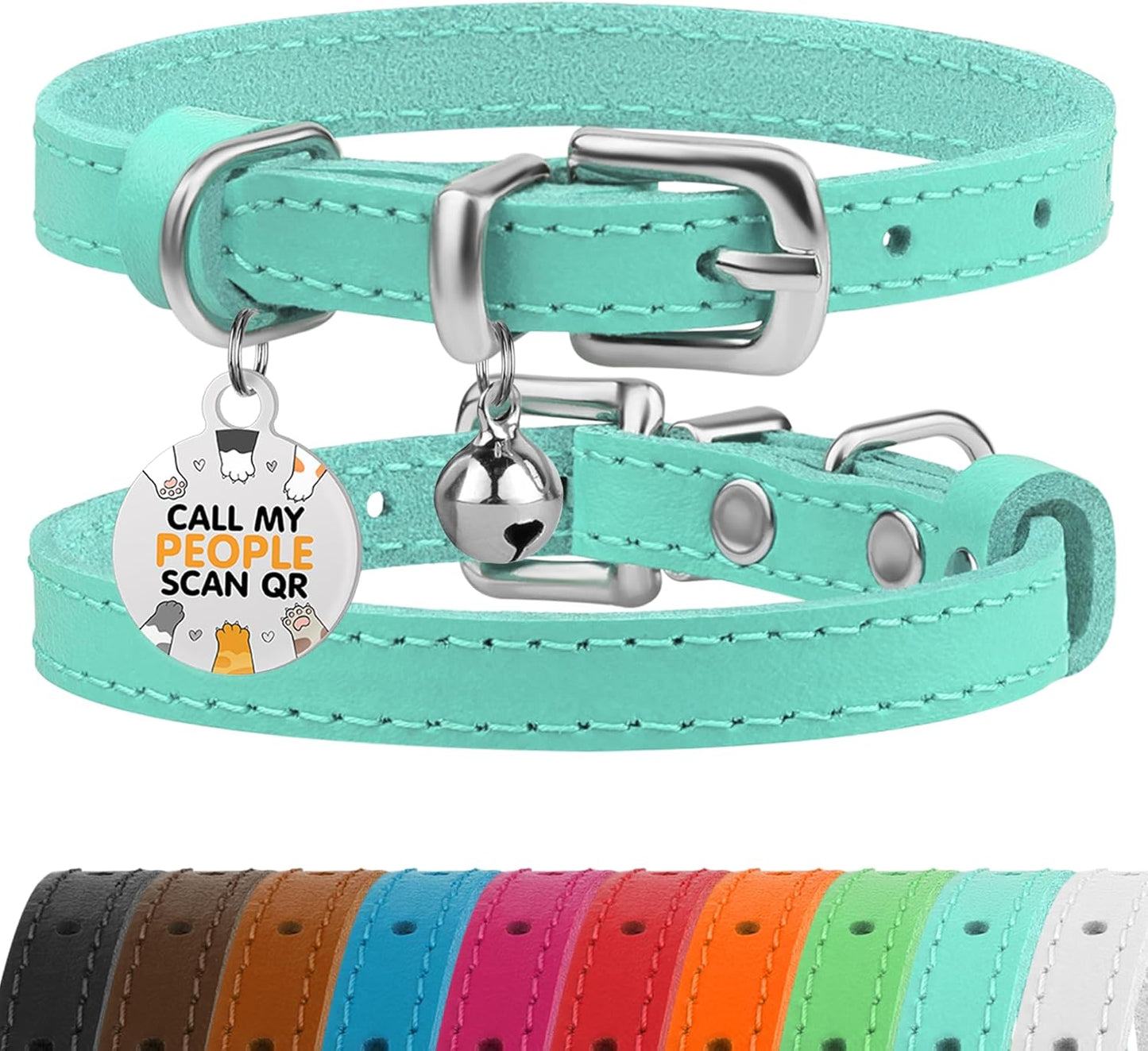 Leather Cat Collar with Removable Bells Non Breakaway Kitten QR Tag for Girl Boy (7" - 9" for Cats, Purple & Gold)