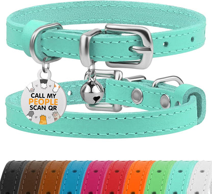 Leather Cat Collar with Removable Bells Non Breakaway Kitten QR Tag for Girl Boy (7" - 9" for Cats, Purple & Gold)