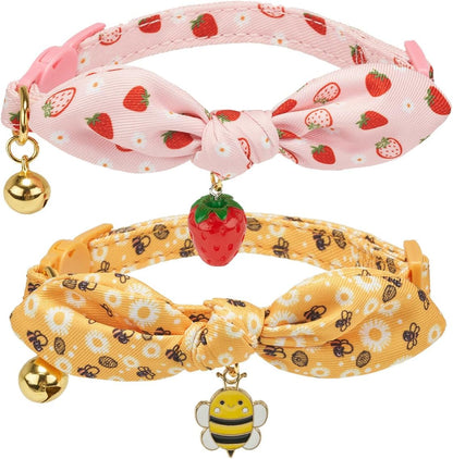 Cotton Bowtie Cat Collar with Bell 2 Pack Adjustable Breakaway Kitten Collars with Removeable Bow Pink Girl Cat Collars