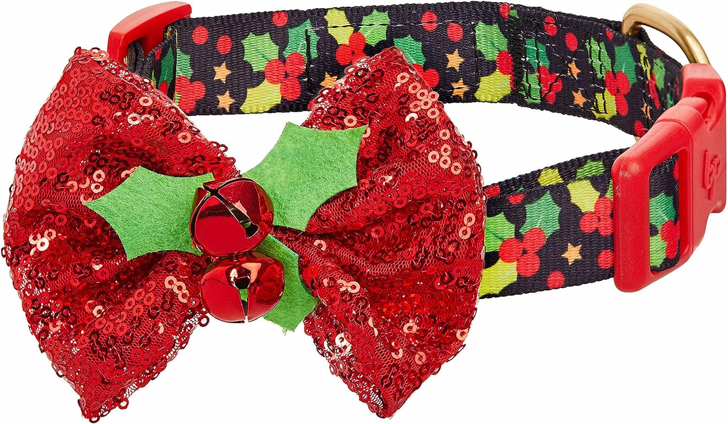 Polka Dots Christmas Dog Collar, Large, Adjustable 18"-26" Neck, Holiday Dog Collar with Bow for Large Dogs