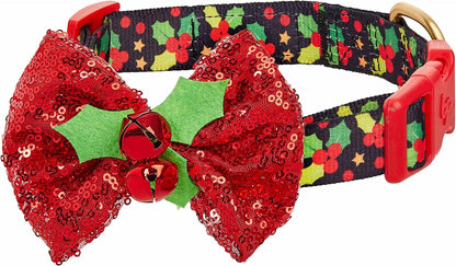 Polka Dots Christmas Dog Collar, Large, Adjustable 18"-26" Neck, Holiday Dog Collar with Bow for Large Dogs