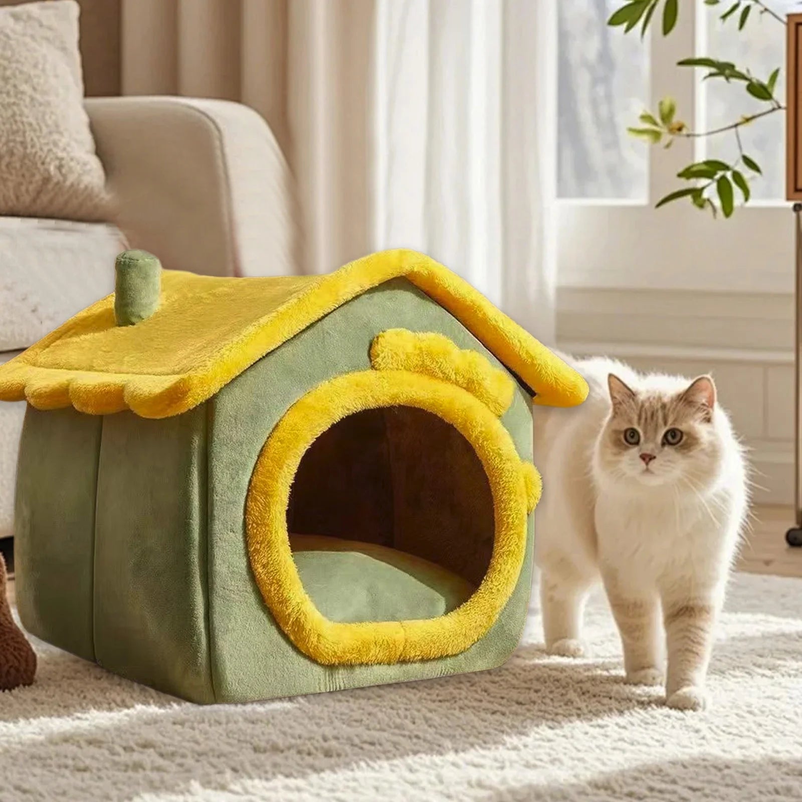 Cat House, Foldable Pet Cats Dog House Cats Beds Cats Tent Prevents Slip Bottom Removable Roof Soft Comfortable Pet Products