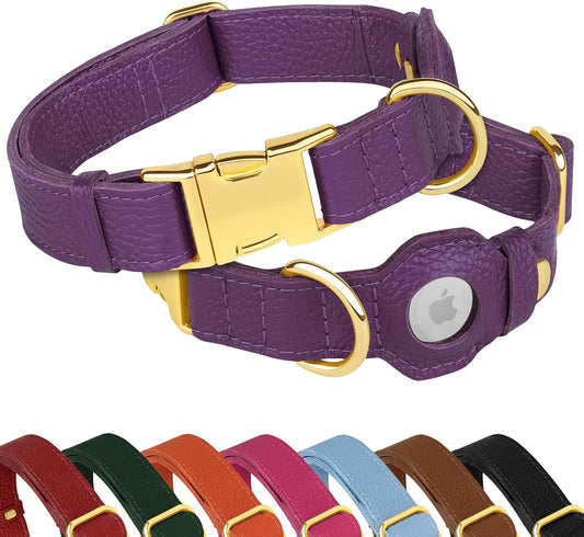Leather Airtag Dog Collar - Soft Tracking Dog Collar with Apple Airtag Holder and Metal Buckle - Safety GPS Pet Collars for Small Medium Large Dogs Puppy Pink Red (Purple, XS, 9"-12" Neck Fit)