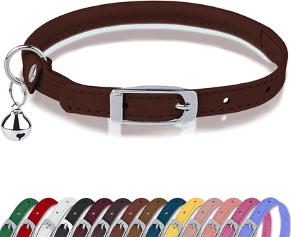 Rolled Leather Cat Collar with Bell, Reflective Kitten Collars with Buckle Include Safety Elastic Strap - Adjustable Small Pet Collars for Boy Girl Cats (White)
