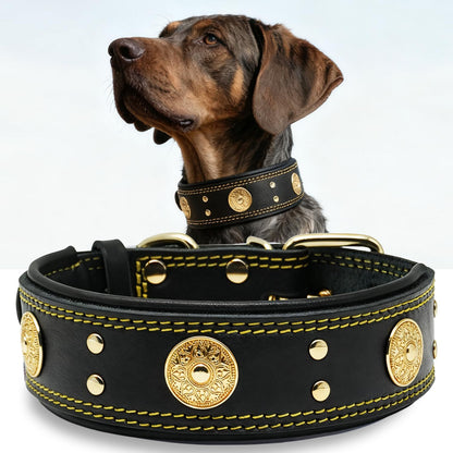 Leather Dog Collar, 2 Inches Wide Heavy Duty Genuine Leather Collars, Handmade, Soft, and Luxury, Eye-Catching Best Choice for Large and Medium Breed Dogs, Orange 18.5-22.5 In