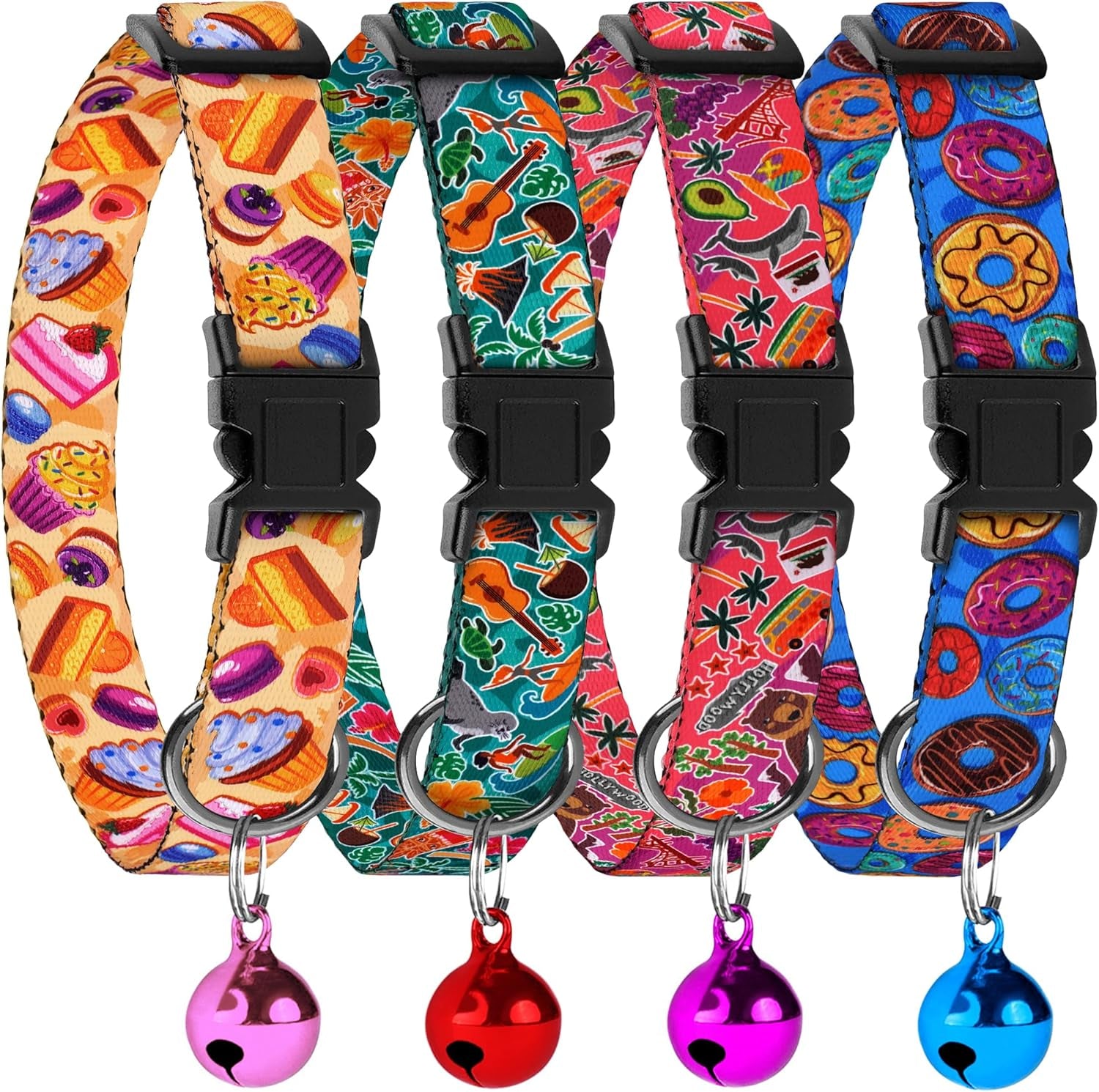 4PCS Breakaway Cat Collars with Bell - Cute Soft Adjustable Safety Kitten Collars 4-Pack - Nylon Pet Collars Nature Tribal Striped Floral Space Aztec Flowers Print (Nature)