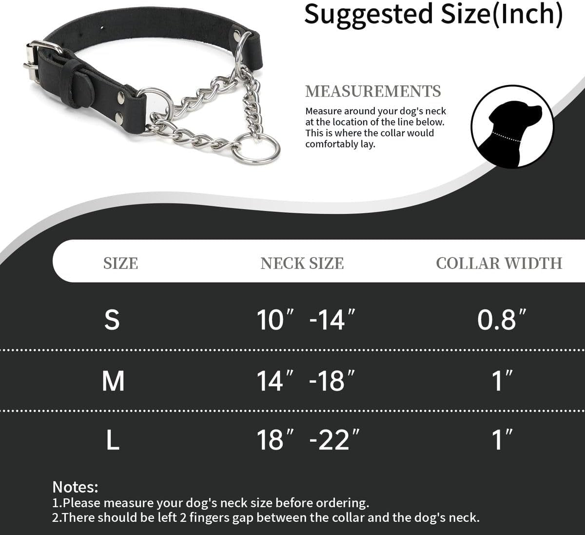 No-Pull Adjustable Martingale Collar for Dogs - Genuine Leather with Stainless Steel Chain, Anti-Slip Design for Small, Medium & Large Breeds - Black (M)