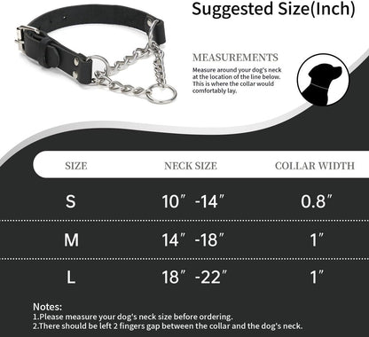 No-Pull Adjustable Martingale Collar for Dogs - Genuine Leather with Stainless Steel Chain, Anti-Slip Design for Small, Medium & Large Breeds - Black (M)