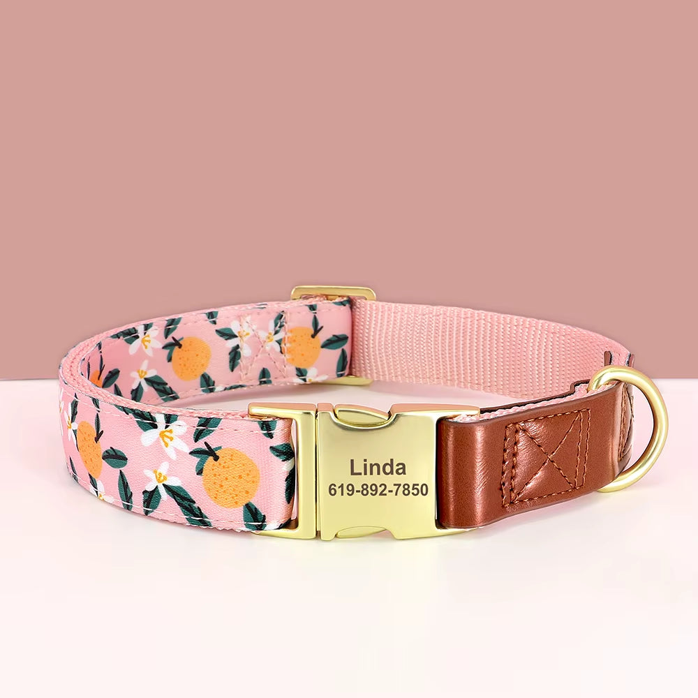 Custom Engraved Dog Collar Adjustable Pet Buckle Collars Anti-Lost Flower Printed for Small Medium Large Dogs French Bulldog