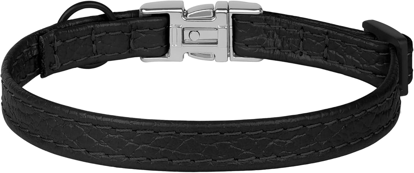 Leather Cat Collar with Buckle and Removable Bell - Non Breakaway Adjustable Soft Safety Small Pet Collars for Girl Boy Cats Kitten (Black)