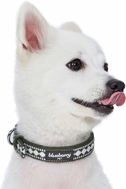 Reflective Jacquard Dog Collar with Neoprene Padding & Metal Buckle | Soft & Adjustable Safety Collar - Olive, Neck 13-16.5", for Medium Breed