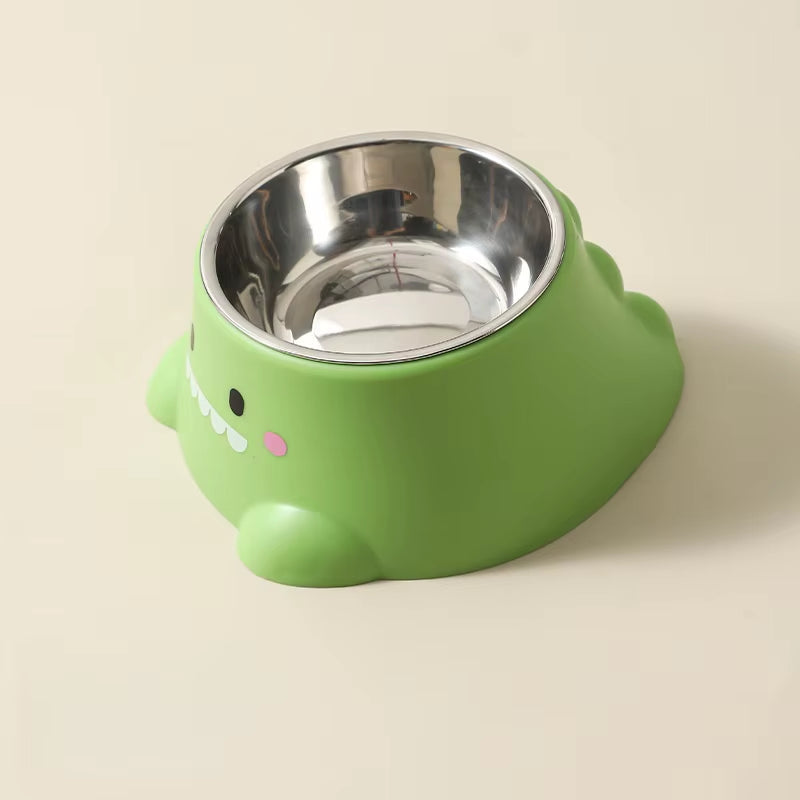 Cartoon Dinosaur 15° Tilted Pet Bowl: Elevated Stainless Steel Dish with Neck Support - Fun & Cute Feeder for Cats & Puppy