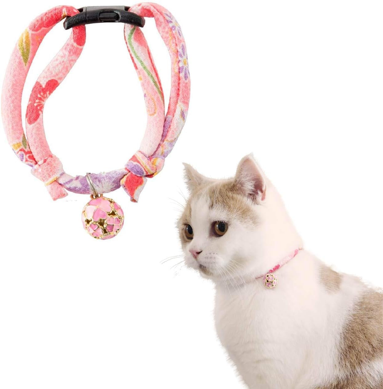 Chirimen Cat Collar with Clover Bell (Navy) with Bell Safety Breakaway Soft Lightweight for Cats Kitty Kitten Japanese Stylish Pattern, No.1 Seller in Japan