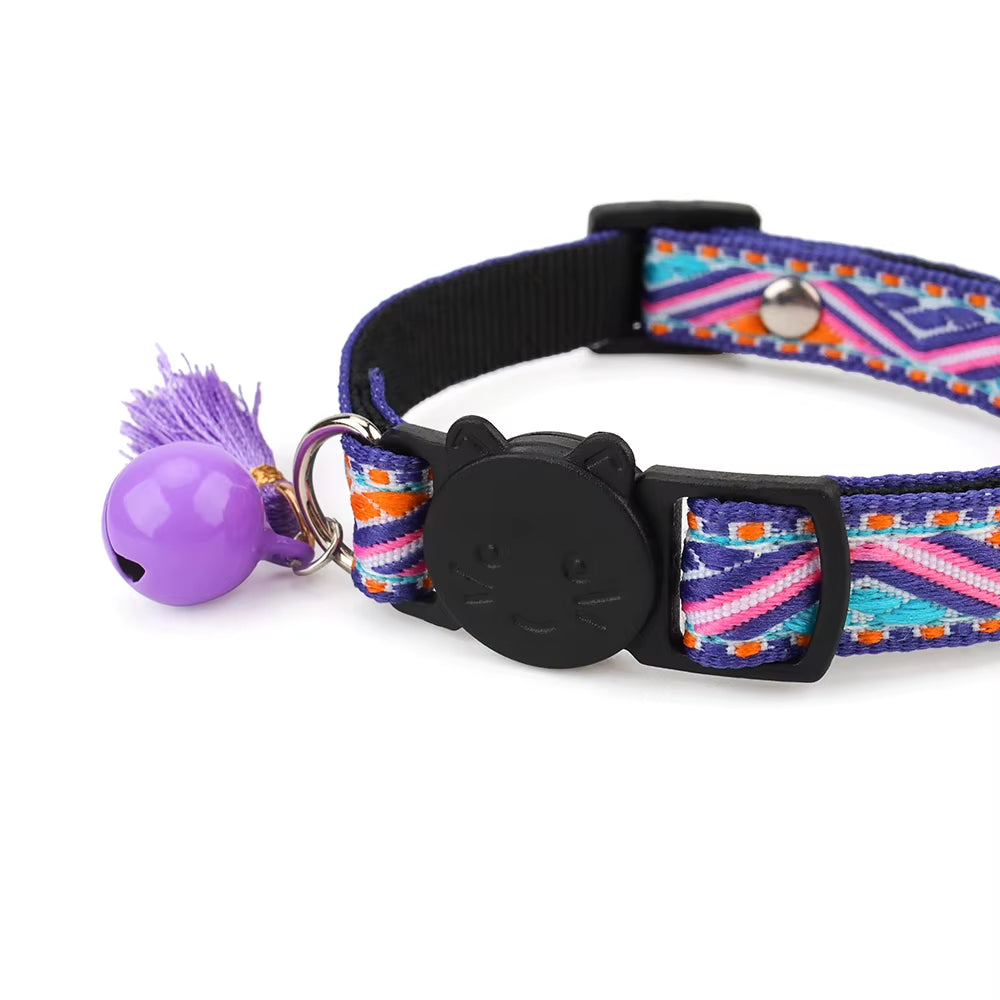 Adjustable Cat Collar Polyester Jacquard Pattern Pet Collar with Bell and Tassel Decoration for Cats and Small Dogs to Keep Lost