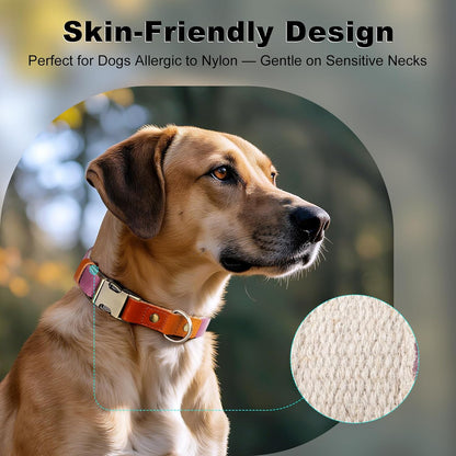 Genuine Leather & Hemp Dog Collar – Adjustable Heavy Duty Pet Collar with Quick Release Metal Buckle, Soft & Stylish for Puppy and Small, Medium, Large Dogs (Purple, L)