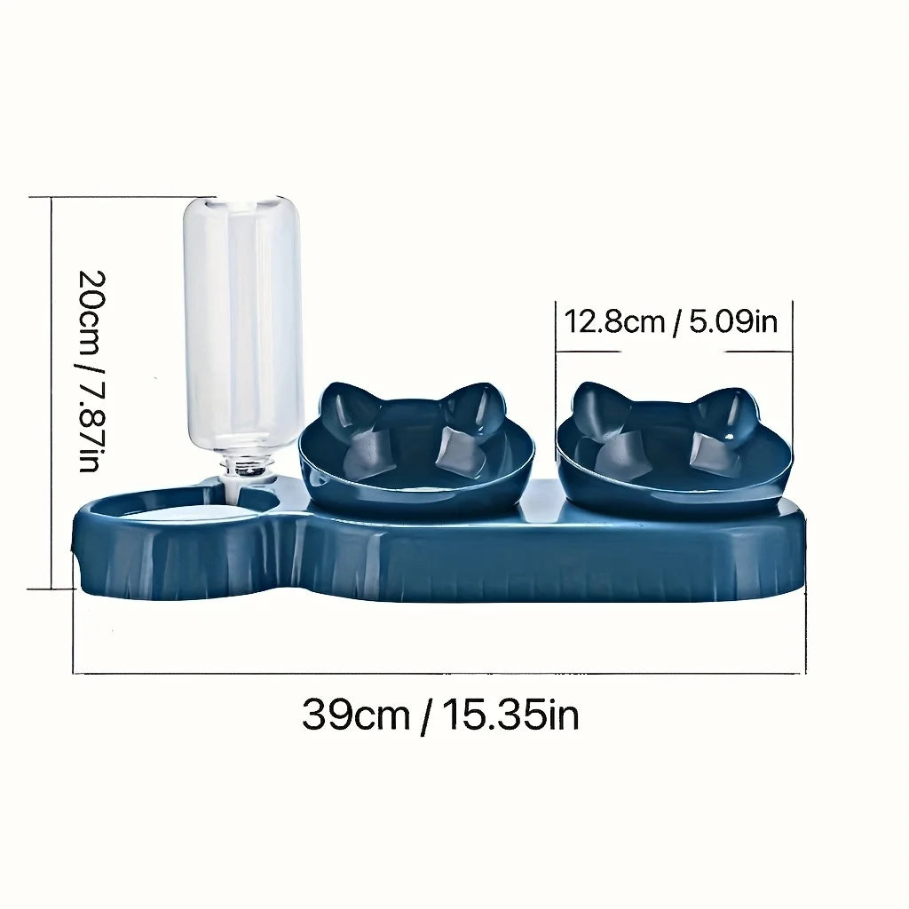 Pet Bowls with Water Feeder, 3 in 1 Ear Design Tilted Cat Water and Food Bowl Set with Gravity Water Bottle for Neck Protection