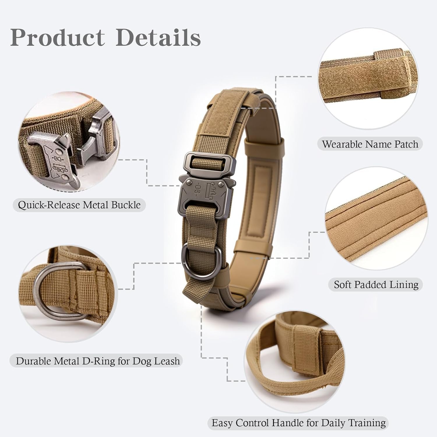 Tactical Dog Collar Adjustable Military Nylon Dog Collar with Control Handle and Heavy Duty Metal Buckle for Medium and Large Dogs (Brown,M)