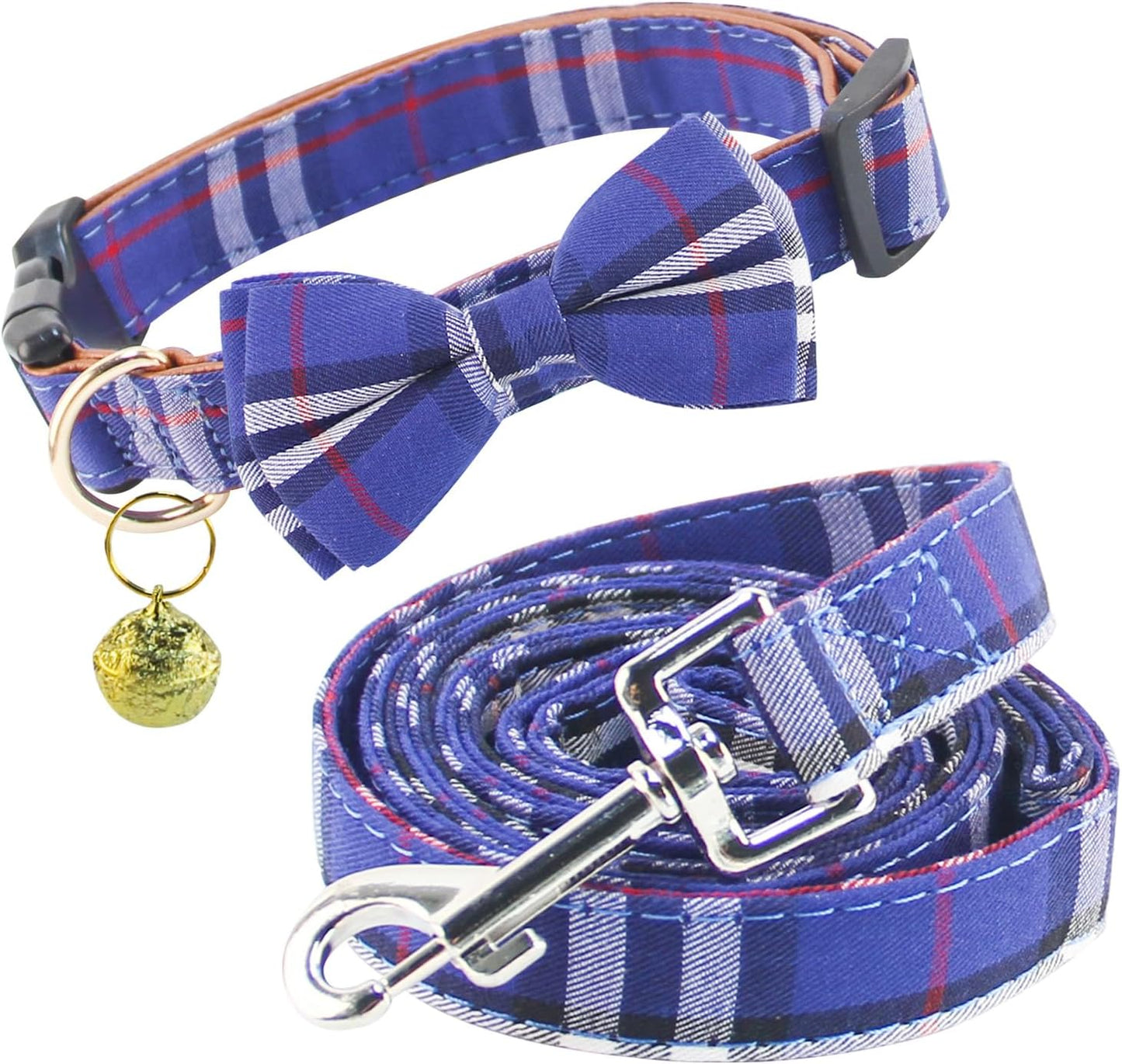 Dog Collar and Leash Set-Plaid Puppy Collar with Bow Tie - Adjustable Pet Collar for Dogs with Bell, Stylish Pattern for Small Medium or Large Boy and Girl Dog