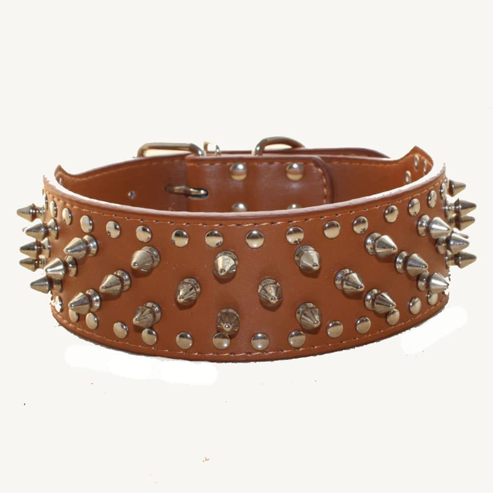 Spiked Studded Dog Collar, PU Leather Dog Collar, Adjustable Pet Collars for Medium or Large Breed Pet (L, Gold Brown2)