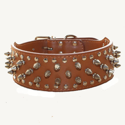 Spiked Studded Dog Collar, PU Leather Dog Collar, Adjustable Pet Collars for Medium or Large Breed Pet (L, Gold Brown2)