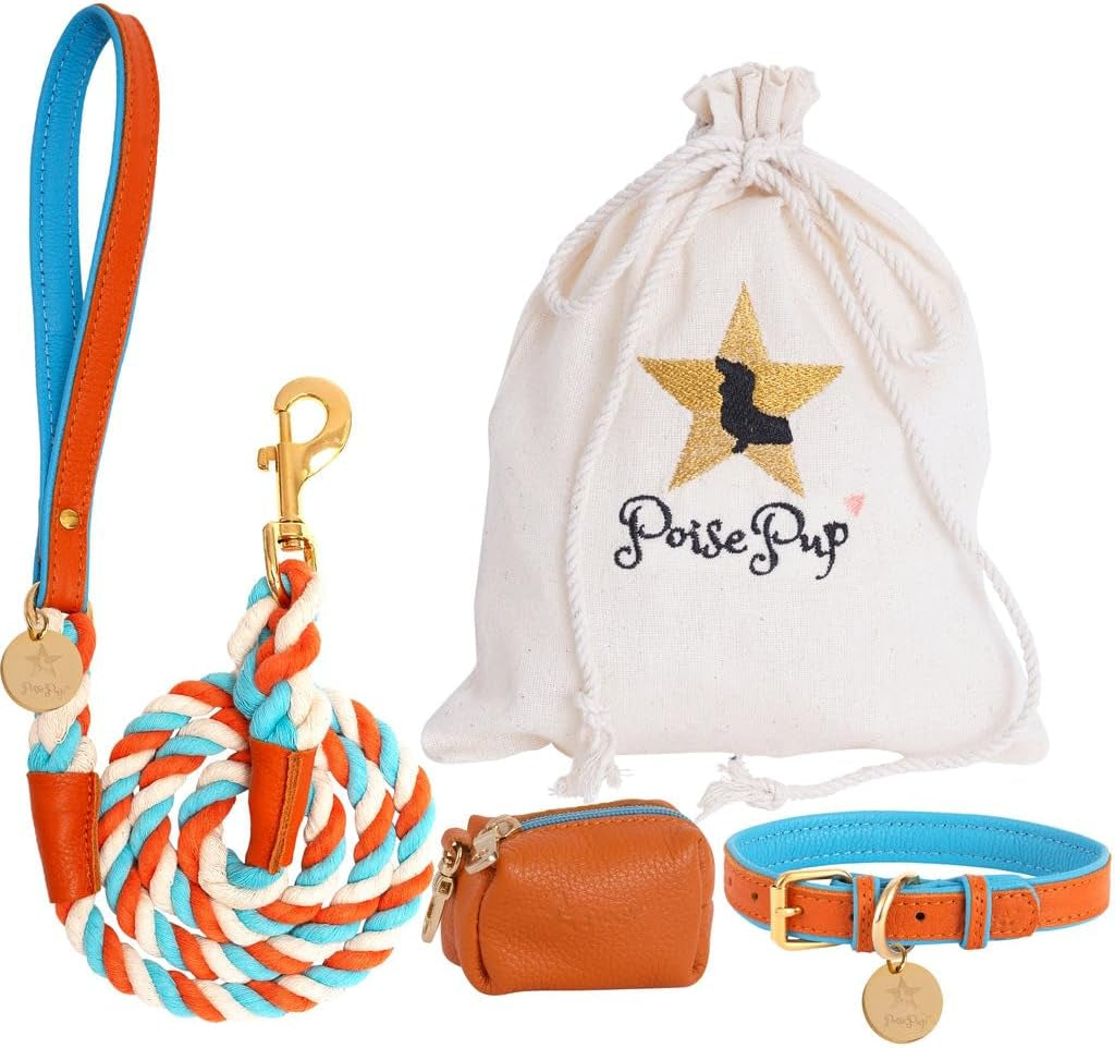 5Ft Braided Cotton Rope Leash with Soft Padded Genuine Leather Handle for Dogs - Handmade Comfort & Cute - Orange | Blue