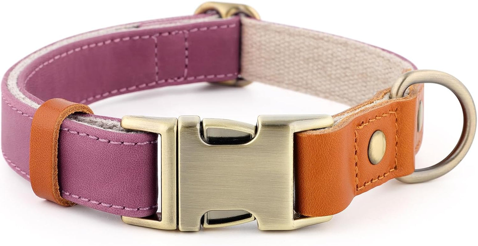 Genuine Leather & Hemp Dog Collar – Adjustable Heavy Duty Pet Collar with Quick Release Metal Buckle, Soft & Stylish for Puppy and Small, Medium, Large Dogs (Purple, L)