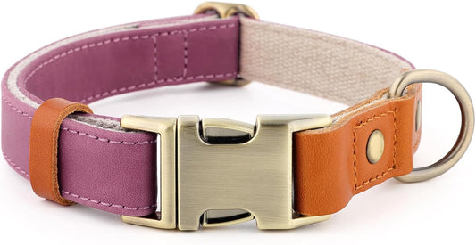 Genuine Leather & Hemp Dog Collar – Adjustable Heavy Duty Pet Collar with Quick Release Metal Buckle, Soft & Stylish for Puppy and Small, Medium, Large Dogs (Purple, L)
